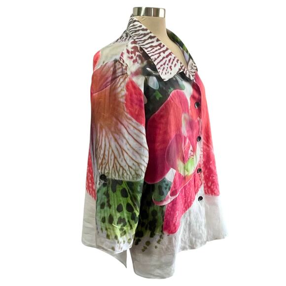 Caroline Rose Raime Bold Foral Button Down Top Size XL Lagenloook Artsy Roll Tab - Picture 3 of 8